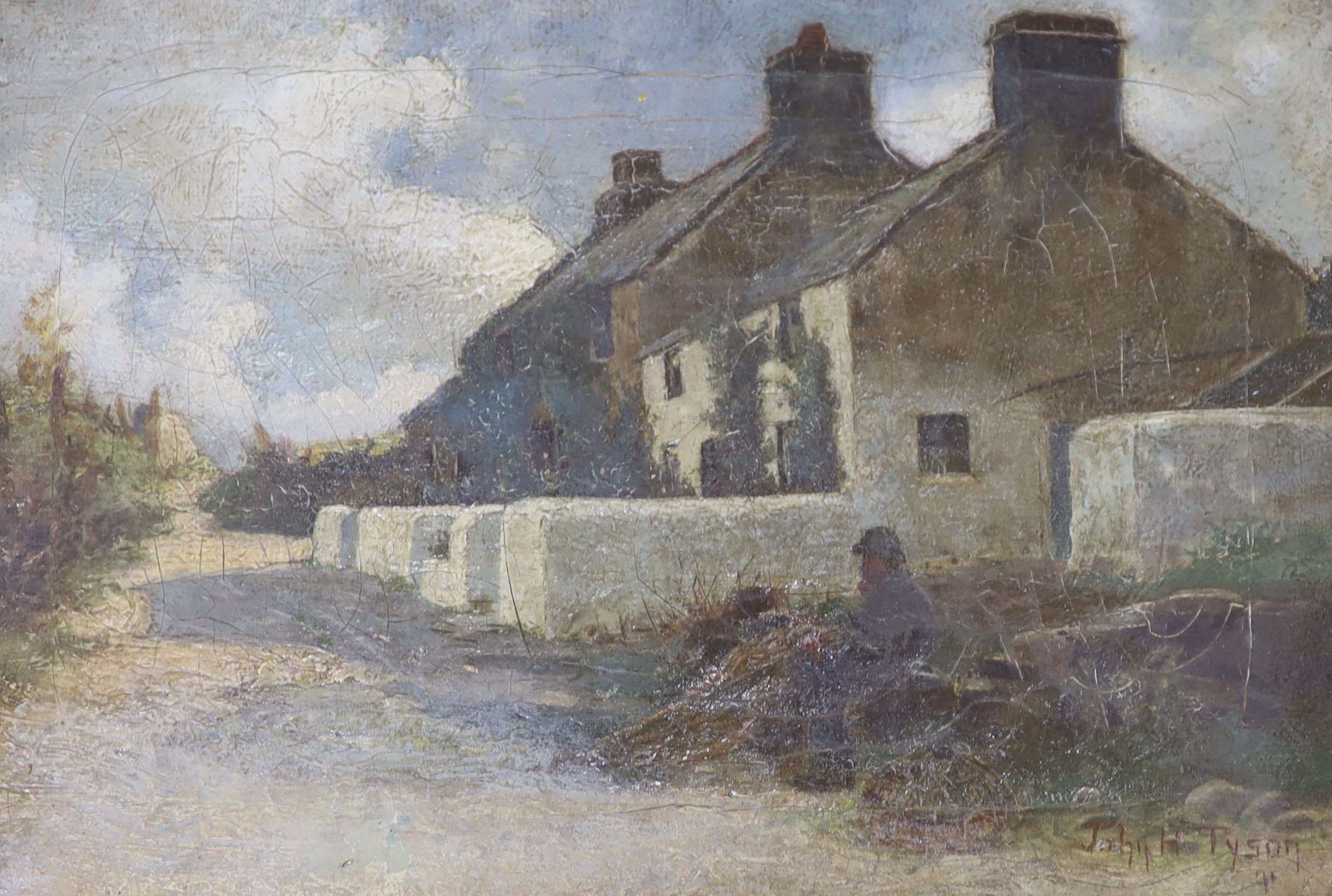 John H. Tyson (fl.1886-1905), oil on canvas, Lobster pot maker beside cottages, signed and dated '91, 22 x 32cm